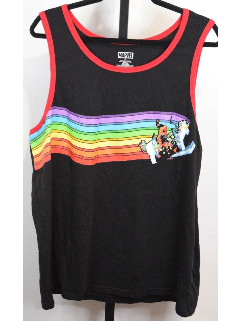 Marvel Deadpool Unicorn Rainbow Graphic Tank Top Black Red Trim Size XL